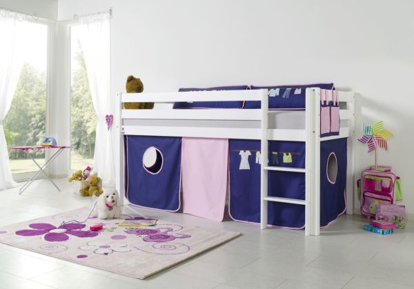 Halbhohes Spielbett ALEX Buche massiv weiß lackiert mit Stoffset Kleider Kleider/Violett