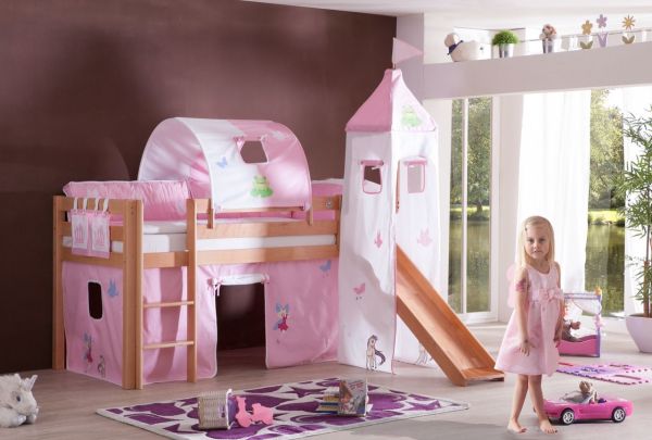 Halbhohes Spielbett ALEX mit Rutsche/Turm/Tunnel Buche massiv natur lackiert mit Stoffset Princess