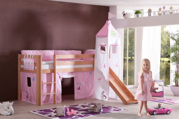 Halbhohes Spielbett ALEX mit Rutsche/Turm Buche massiv natur lackiert mit Stoffset Princess
