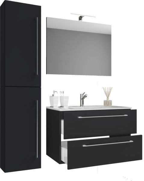 4-tlg. Waschplatz Badinos 60 cm Spiegel + Hochschrank Schwarz