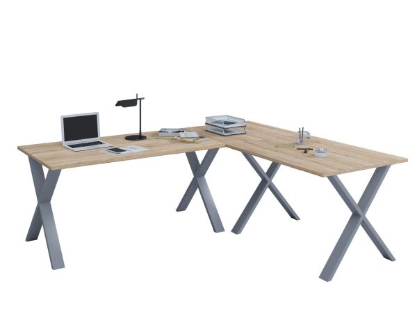 Eck-Schreibtisch "Lona" 190x130x50 X-Füße Sonoma-Eiche/Silber