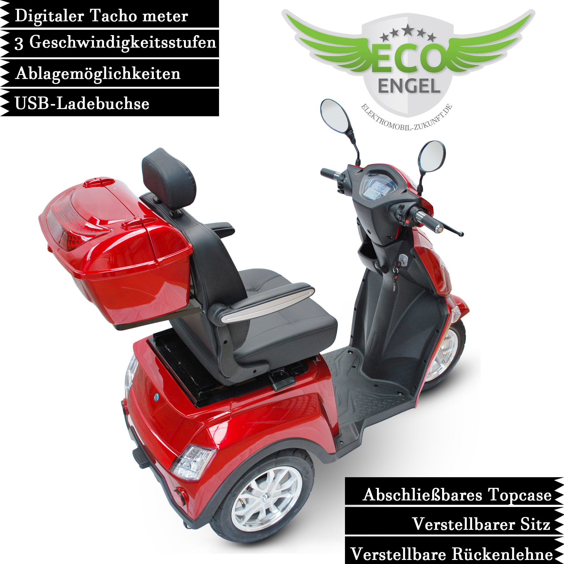 ECO ENGEL 504 Rot, 25 km/ h mit 1000 Watt Motor 30Ah, Seniorenmobil Elektro  Roller