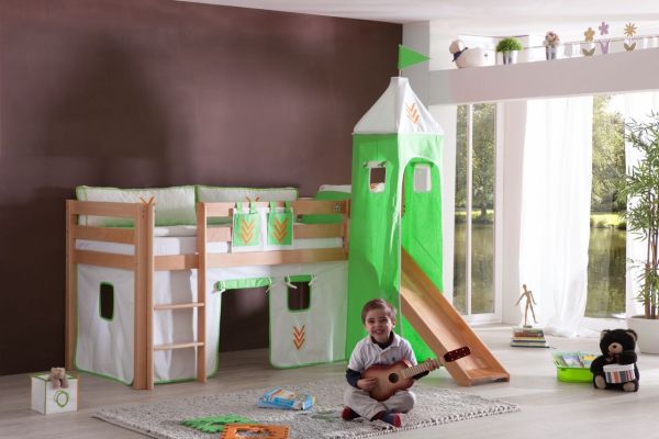 Halbhohes Spielbett ALEX mit Rutsche/Turm Buche massiv natur lackiert mit Stoffset Beige/Grün