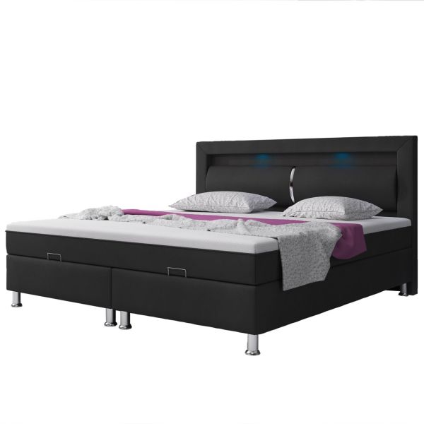 Boxspringbett Milano 180x200 Bettkasten Kunstleder Schwarz TYP 6 mit integriertem Topper