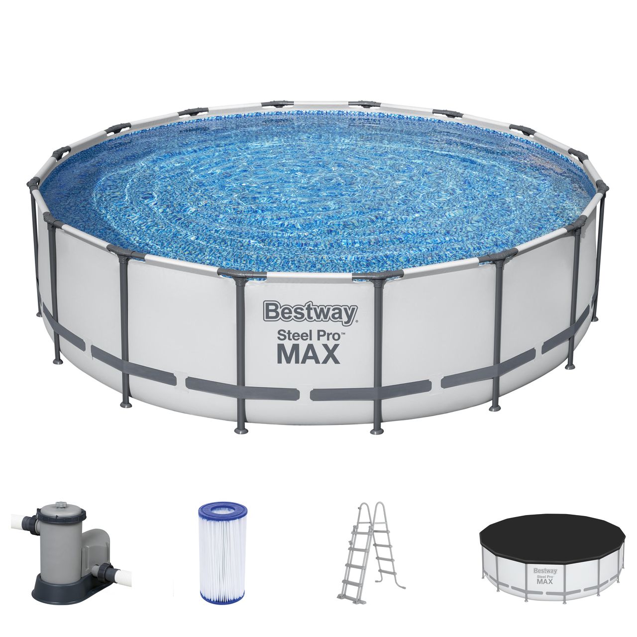 Bestway® Steel Pro MAX™ Frame Pool Komplett-Set mit Filterpumpe Ø 488 x 122  cm , lichtgrau, rund | Norma24