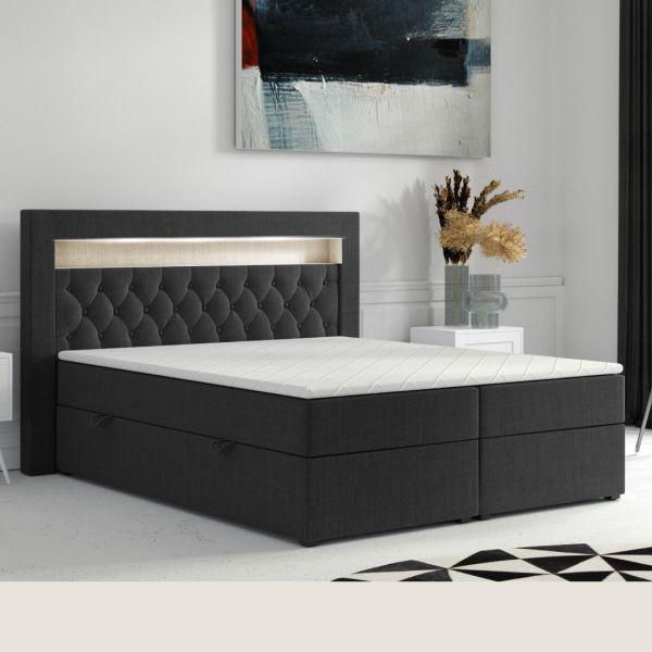 Boxspringbett DENVER mit LED und Bettkasten 180 x 200 cm Webstoff Schwarz Bett Bettkasten