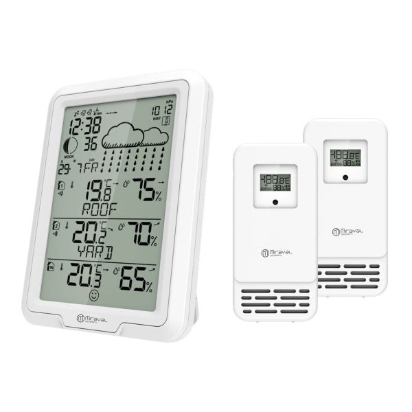 Miraval Wetterstation + 2 Sensoren individuell benennbar Mondphase Alarme Hygrometer