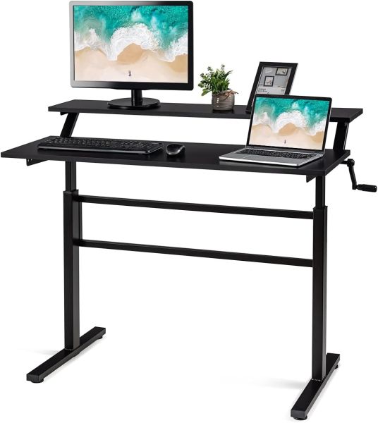 COSTWAY Schreibtisch höhenverstellbar, Stehtisch mit Monitor Regal