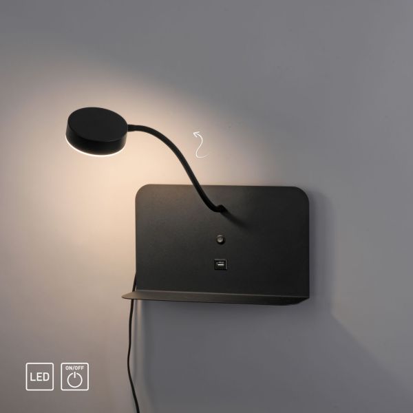 LeuchtenDirekt LED Wandleuchte BOARD, dreh- und schwenkbar, USB, 3000 K, Ablagefläche, Innenleuchte,