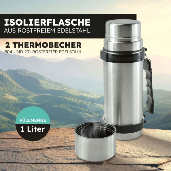 X4-LIFE Doppelwandige Edelstahl-Isolierflasche mit 2 Trinkbechern