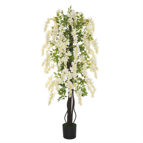 Kunstpflanze mit weißen Glyzinien Dekoration 1,65 m Kunstbaum Baumdekoration Kunststoff Zement Weiß+