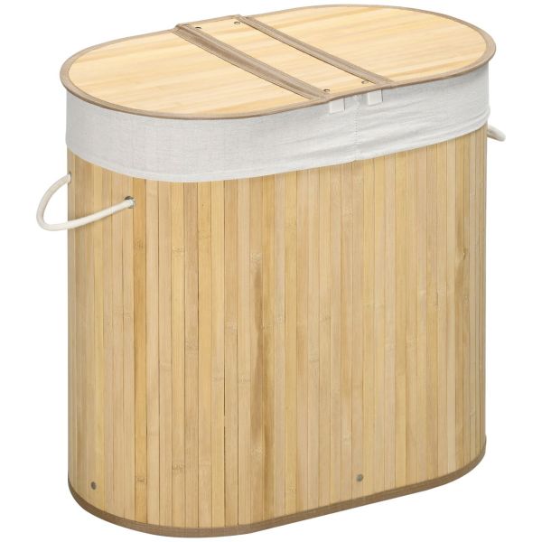 Wäschekorb 100L Wäschebox mit Deckel, Griff, 2 Abschnitten Bambus Natur