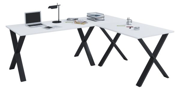 Eck-Schreibtisch "Lona" 220x190x80 X-Füße Weiß/Schwarz