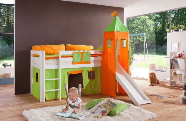 Halbhohes Spielbett ALEX mit Rutsche/Turm Buche massiv weiß lackiert mit Stoffset grün/orange