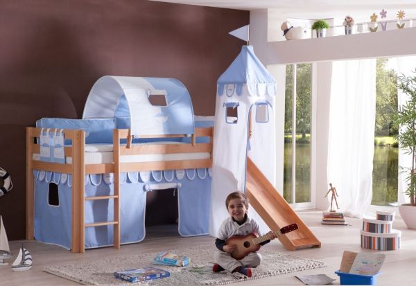 Halbhohes Spielbett ALEX mit Rutsche/Turm/Tunnel Buche massiv natur lackiert mit Stoffset blau/boy