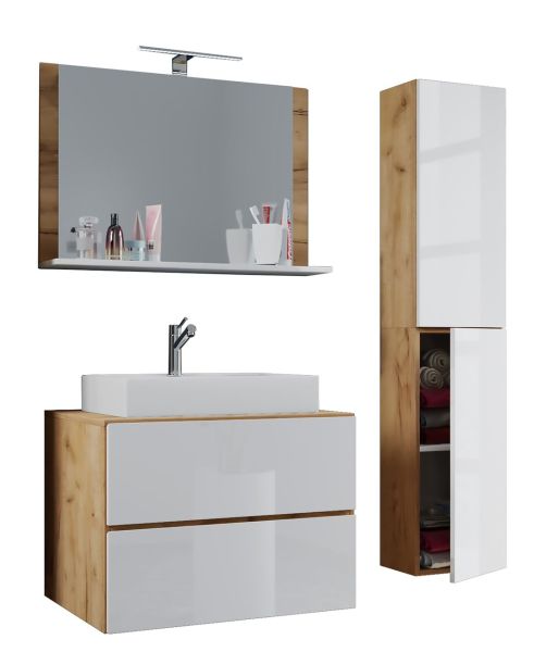 Badblock Lendas L 80cm Unterschrank + Spiegel + 1 Seitenschrank Honig-Eiche/Weiß