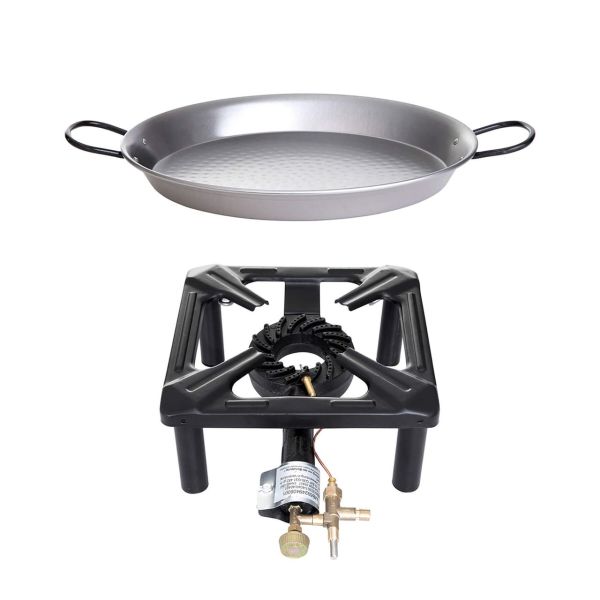 Hockerkocher-Set klein mit Paella Pfanne Stahl Ø 42 cm - mit Zündsicherung