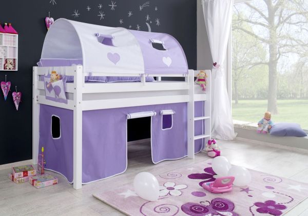 Halbhohes Spielbett ALEX Buche massiv weiß lackiert mit Stoffset purple/weiß/herz