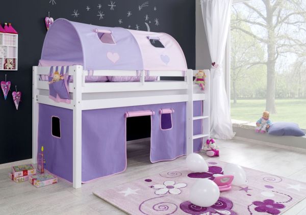 Halbhohes Spielbett ALEX Buche massiv weiß lackiert mit Stoffset purple/rosa/herz