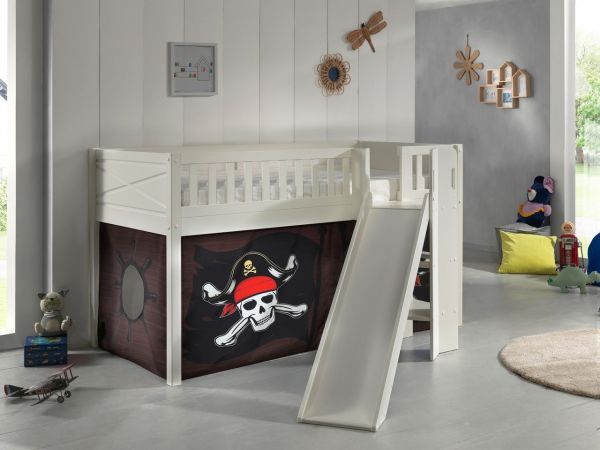 Spielbett SCOTT, LF 90 x 200 cm, mit Rolllattenrost, Rutsche, Leiter und Textilset "Caribian Pirate"