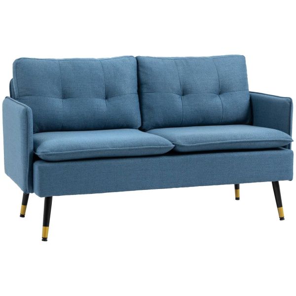 2 Sitzer Sofa, Couch mit Dickem Kissen, Leinenoptik und Stahlbeine Blau