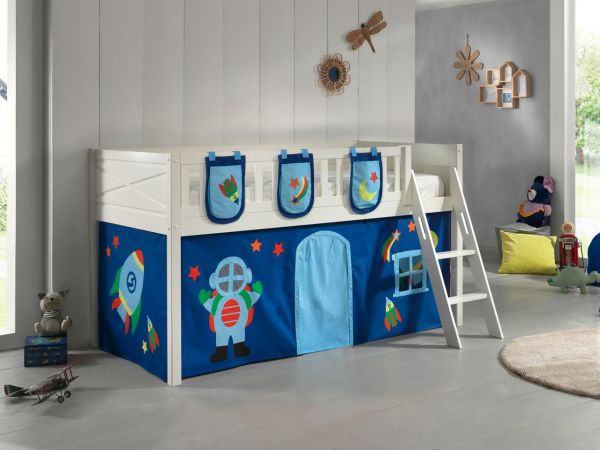 Spielbett SCOTT, LF 90 x 200 cm, mit Rolllattenrost, Leiter und Textilset Vorhang und 3 Taschen "Ast