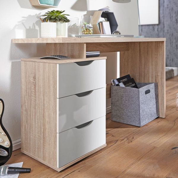 Schreibtisch Design Bürotisch mit Schublade Sonoma/Weiß Tisch Computertisch mit Fächer Ablage 120 cm