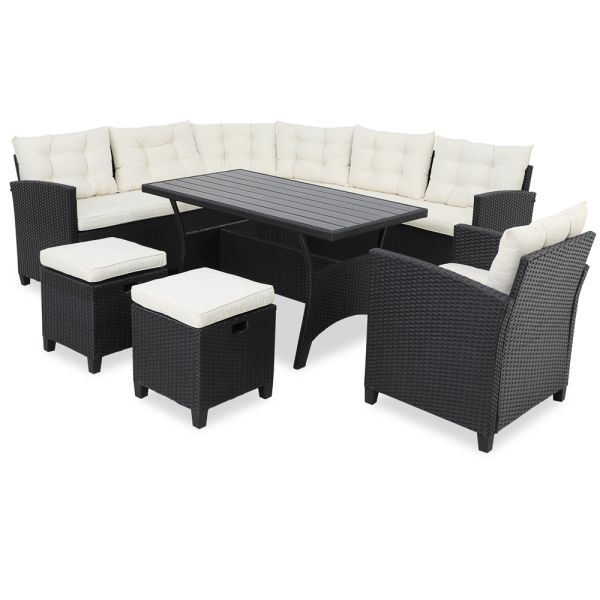 Sitzgruppe Polyrattan + WPC Ecklounge 2+2+1+1 (18tlg) schwarz/creme