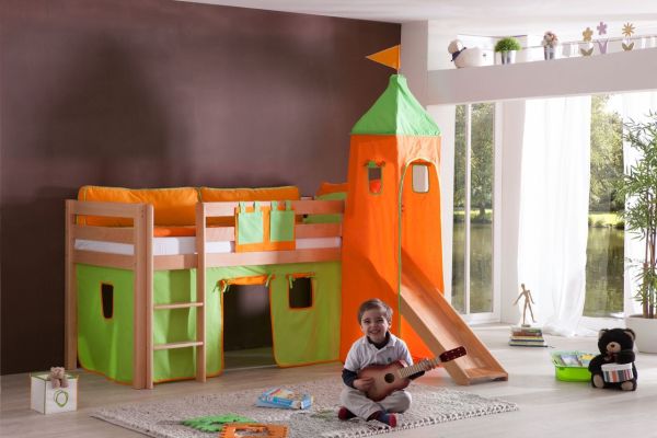 Halbhohes Spielbett ALEX mit Rutsche/Turm Buche massiv natur lackiert mit Stoffset grün/orange