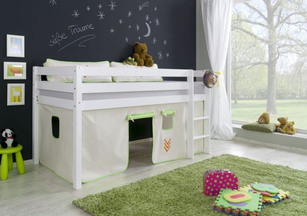 Halbhohes Spielbett ALEX Buche massiv weiß lackiert mit Stoffset Vorhang Beige/Grün