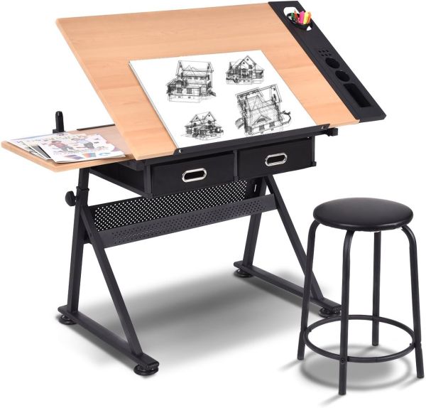 COSTWAY Zeichentisch mit Hocker, Architektentisch höhenverstellbar