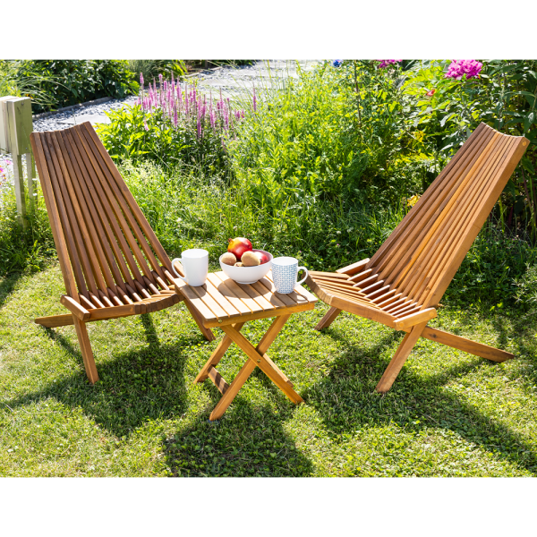 Holzliegestuhl 2er aus Akazie klappbar mit Tisch, Stühle 56x69x84cm, Tisch 38x38x40cm