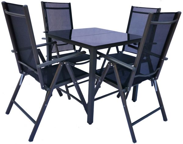 Alu-Gartenset 140 Schwarzglas Tisch + 4 Stühle