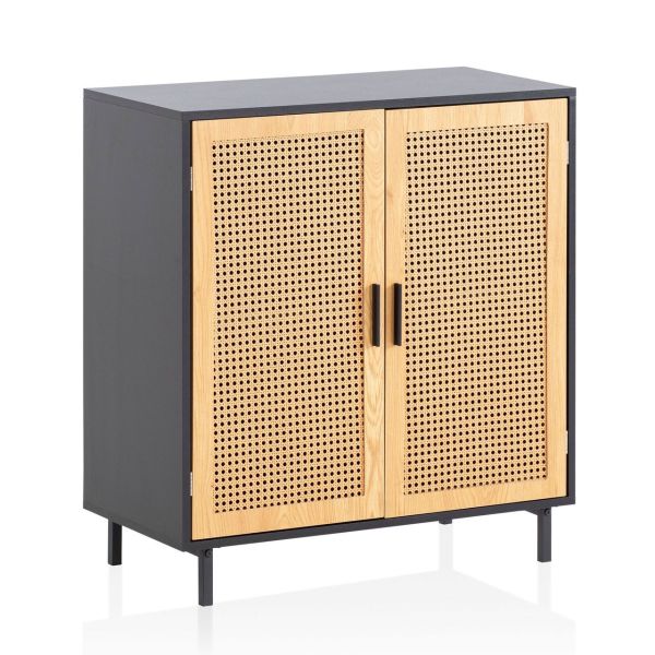 Sideboard 80 cm Anrichte Kommodenschrank Schwarz mit Wiener Geflecht