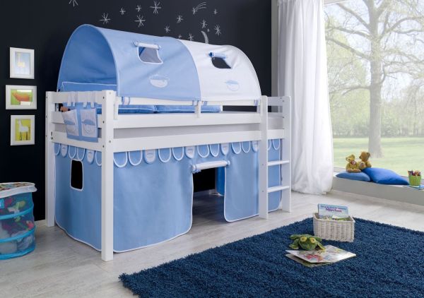 Halbhohes Spielbett ALEX Buche massiv weiß lackiert mit Stoffset blau/boy