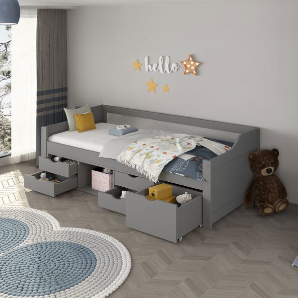 HOME DELUXE Kinderbett COSMOS mit Schubladen und Matratze - 90 x 200 cm Grau