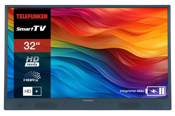 Telefunken 32 Zoll Fernseher tragbar mit Akku (HD Smart TV, Triple-Tuner, 6 Monate HD+ inkl.) blau