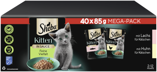 Portionsbeutel Multipack Mega-Pack Kitten in Sauce Feine Vielfalt mit Lachs, mit Huhn MSC 40 x 85g