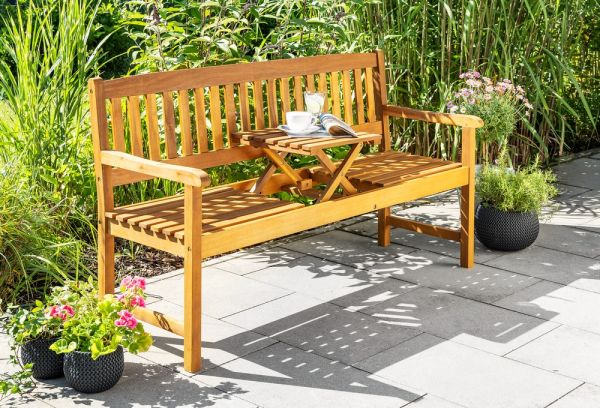 Gartenbank mit hochklappbarem Tisch aus Akazienholz