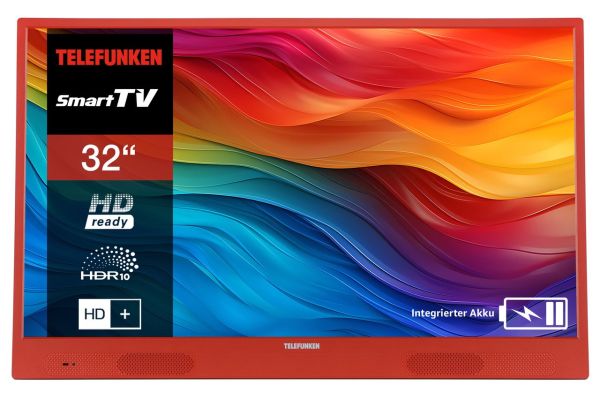 Telefunken 32 Zoll Fernseher tragbar mit Akku (HD Smart TV, Triple-Tuner, 6 Monate HD+ inkl.) orange