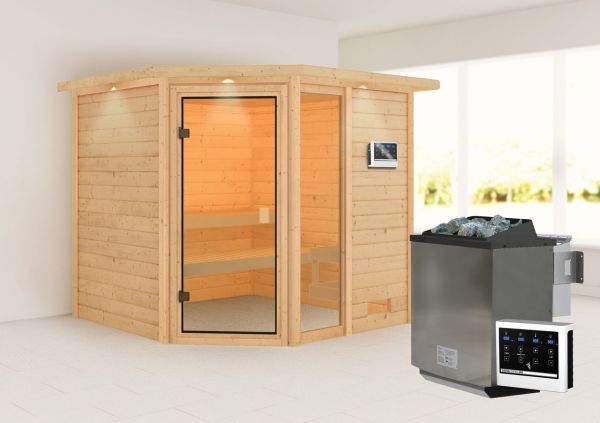 Sauna "Kühlungsborn" mit Kranz SET naturbelassen mit Ofen 9 kW Bio ext. Strg.