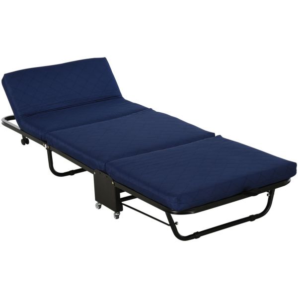 Gästebett klappbar, 2-in-1 Klappbett mit Rollen, Verstellbare Kopfteilhöhe, Stahl+Schaumstoff, Blau,