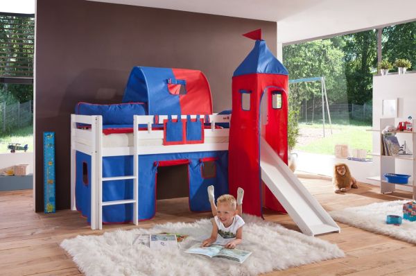 Halbhohes Spielbett ALEX mit Rutsche/Turm/Tunnel Buche massiv weiß lackiert mit Stoffset blau/rot