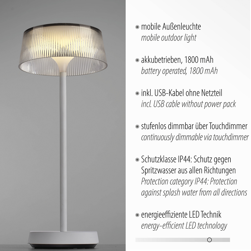 LeuchtenDirekt LED 1xLED-Board/2,3 | Watt, Norma24 Kelvin, Tischleuchte IP44 dimmbar, DORA, Akkuleuchte, 3000
