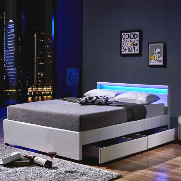 LED Bett NUBE mit Schubladen 180 x 200 Weiß