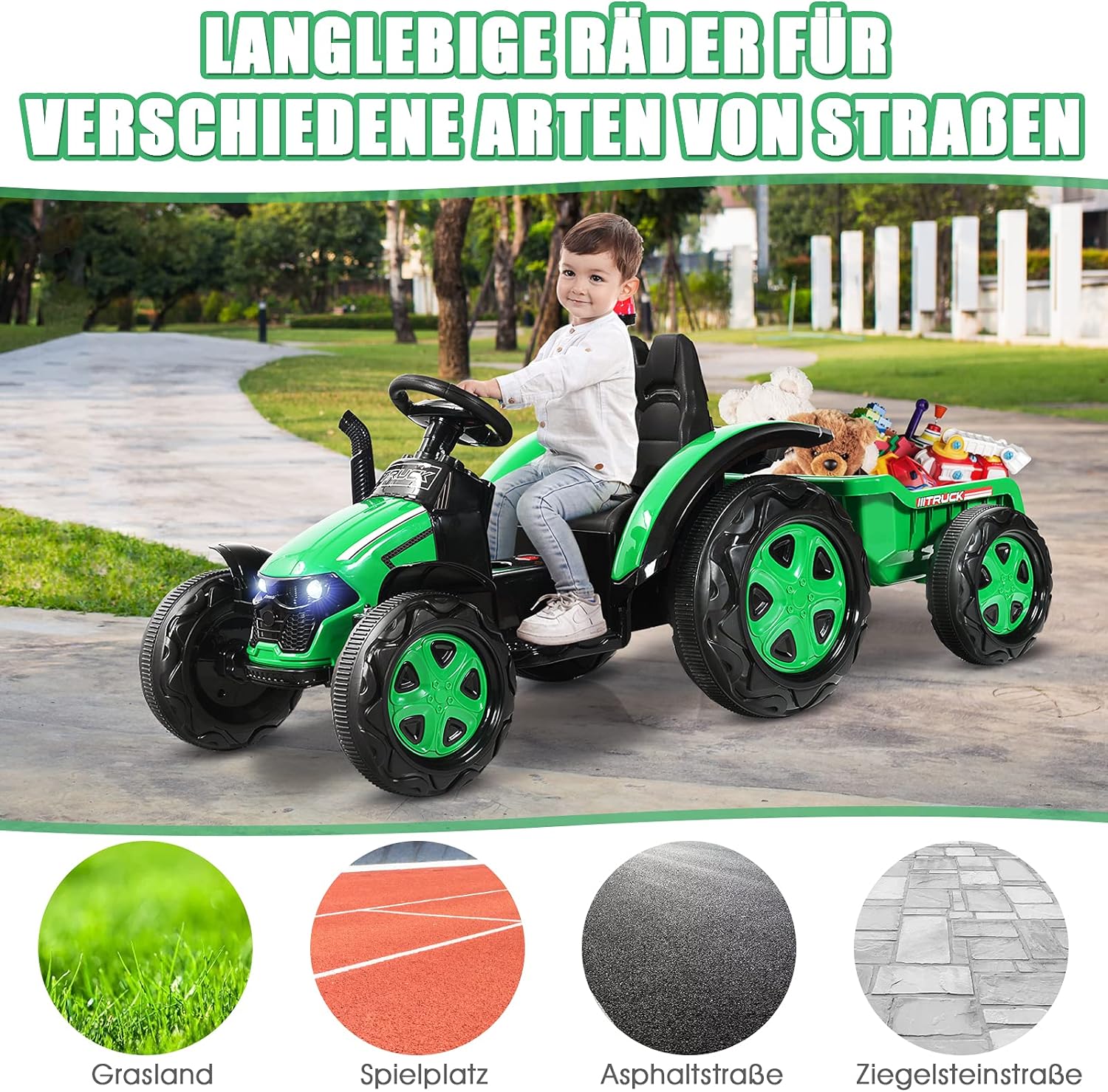 COSTWAY 12V Elektro Traktor für Kinder mit abnehmbarem Anhanger und 2,4G  Fernbedienung