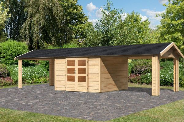 Gartenhaus "Gartenhaus Verino Z" SET naturbelassen mit 2x Dachausbau, Schindeln, Boden, Dachrinne