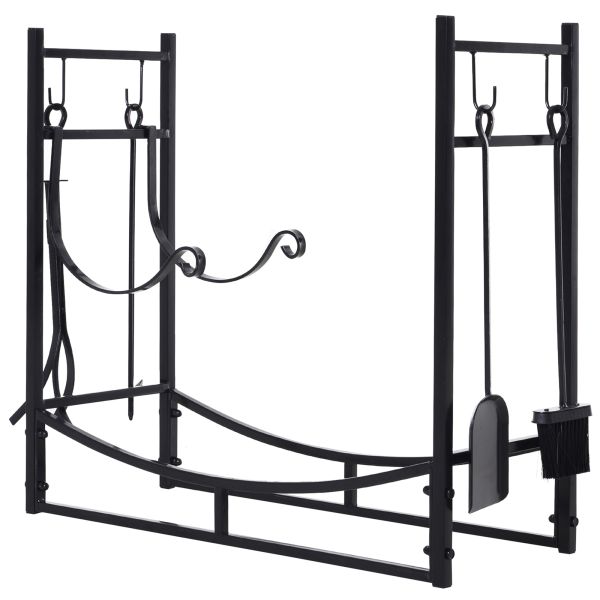 Kaminholzregal Holzständer Holzablage mit 4 Haken 2 Schichten Metall Schwarz 84 x 33 x 76 cm