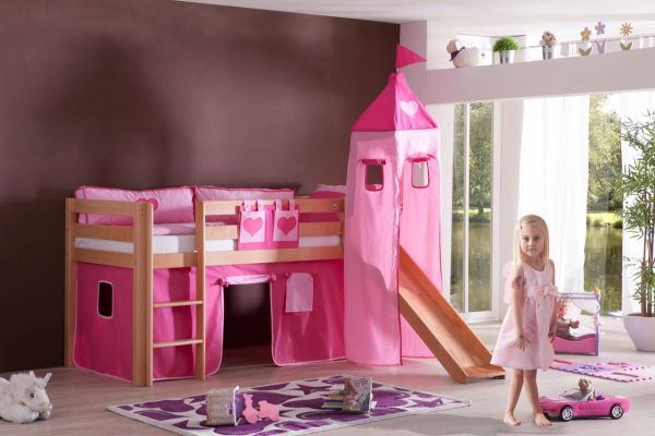 Halbhohes Spielbett ALEX mit Rutsche/Turm Buche massiv natur lackiert mit Stoffset pink/herz