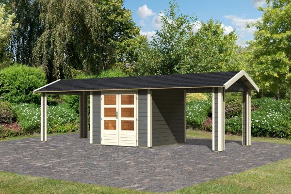 Gartenhaus "Gartenhaus Verino X" SET terragrau mit 2x Dachausbau, Schindeln, Boden, Dachrinne